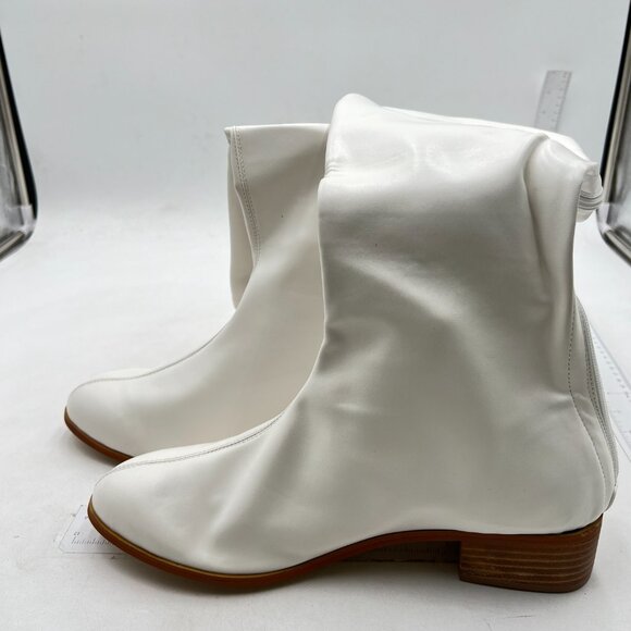 White Knee High Boot Almond Toe Mid Calf Booties for Women Chunky Heel Work Boot - Picture 3 of 7